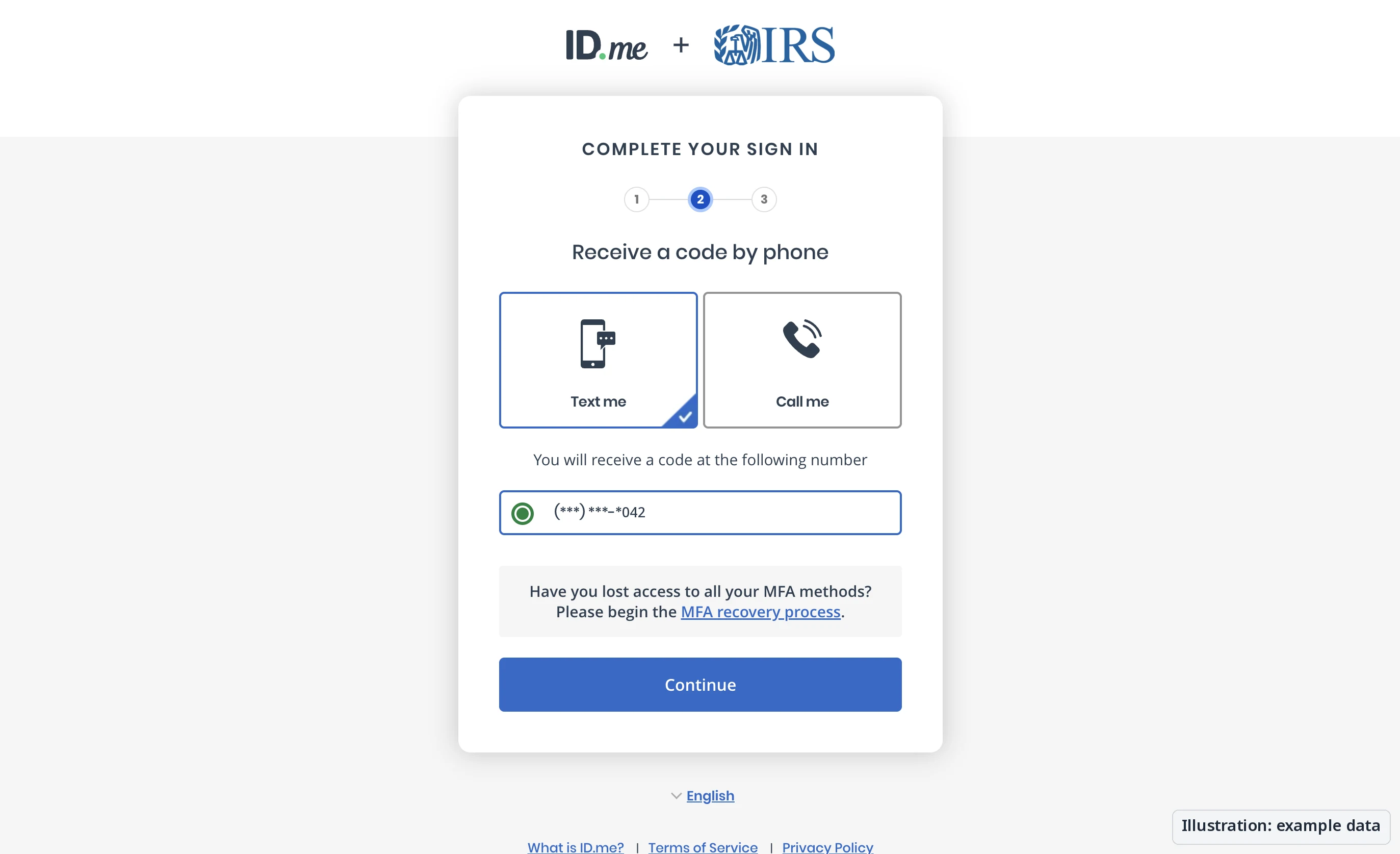 Screenshot of the ID.me 'Receive a code by phone' screen, step 2 of 3 of signing in to file an 83b online, with Text me selected and the masked phone number (***) ***-*042.